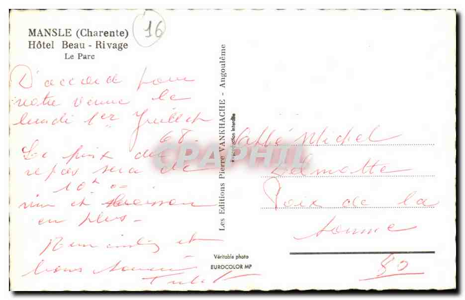 Mansle CPA Hotel Beau rivage le parc — Back