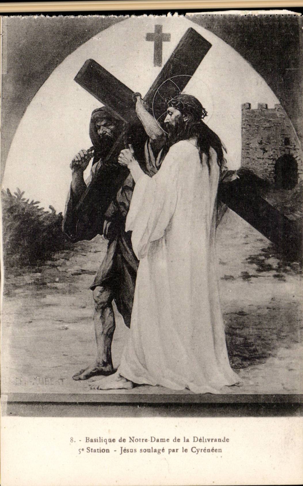 Basilique de Notre-Dame de la Délivrande — 5e Station — Jésus soulagé par le Cyrénéen — Éditeur H. Vaubel