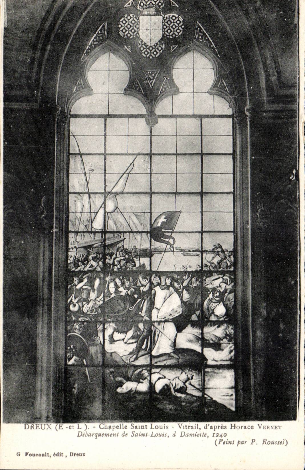 Dreux (E-et L) - Kapelle Saint-Louis - Farbglas des Landungsversuchs von Saint-Louis, nach Horace Vernet, gemalt von P. Roussel, 1240