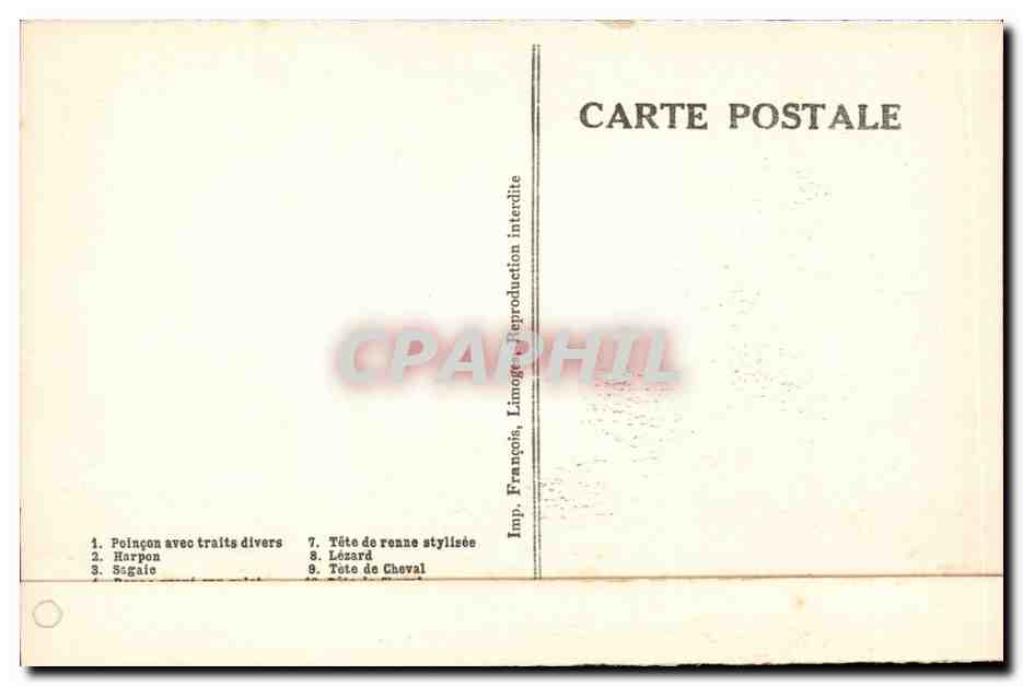 Laugerie-Basse (Les Eyzies, Dordogne) — Spécimens de pièces récoltées dans la fouille des Marseilles — Imp. François, Limoges — Back