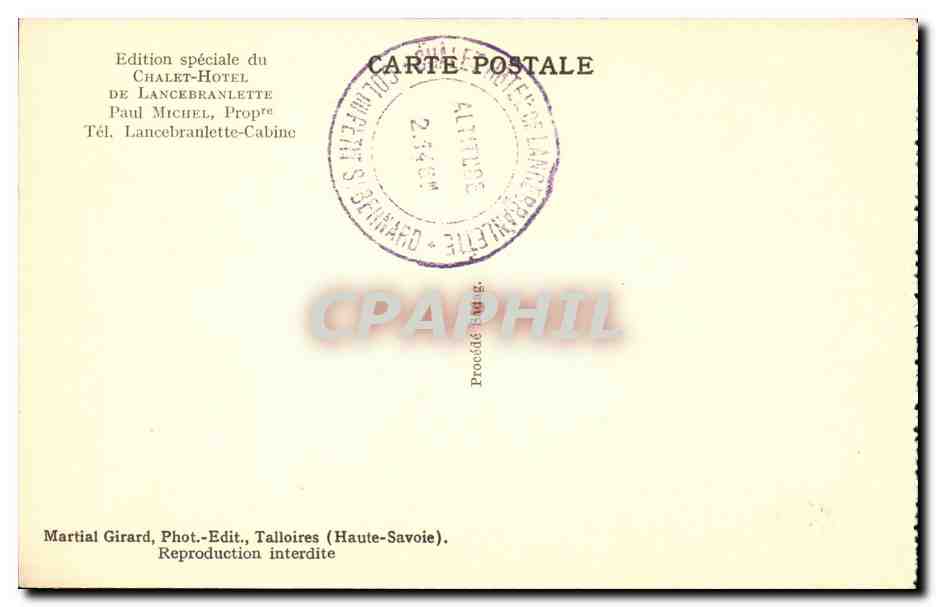 Col du Petit Saint Bernard CPA Chalet hotel de Lancebranlette Le monument et l'hospice — Verso