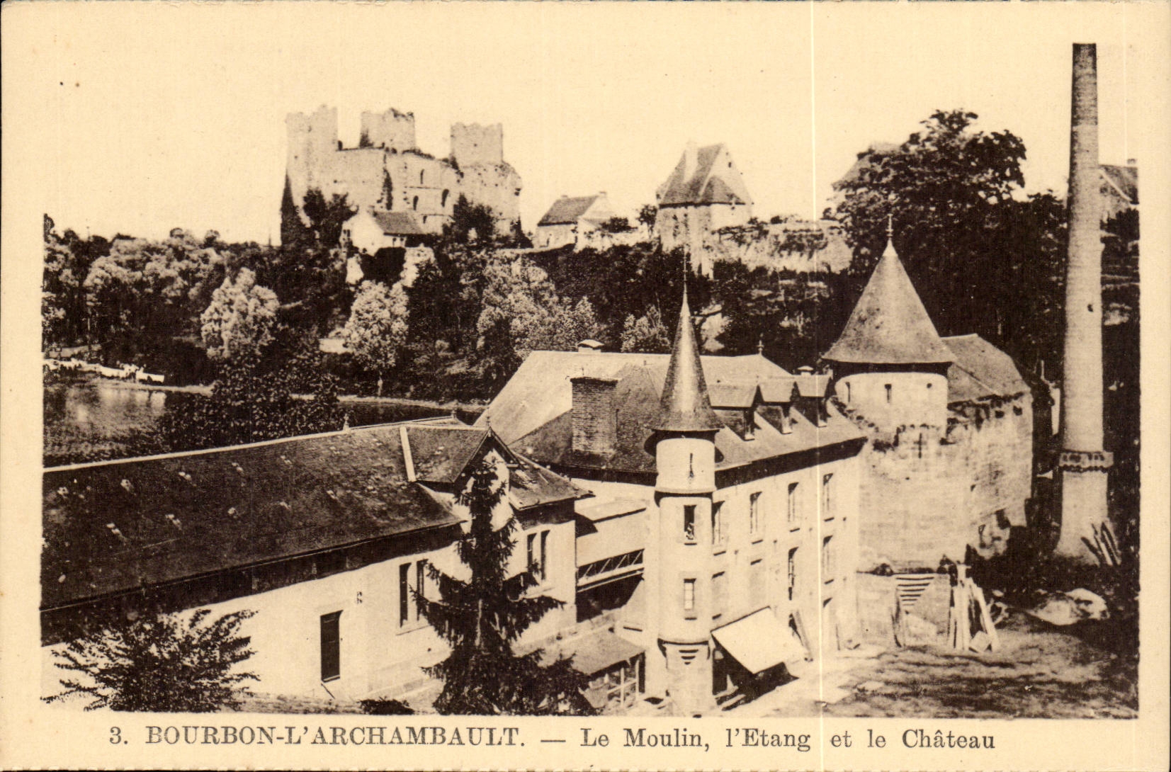 CPA Bourbon l'archambault Le moulin l'etang et le chateau