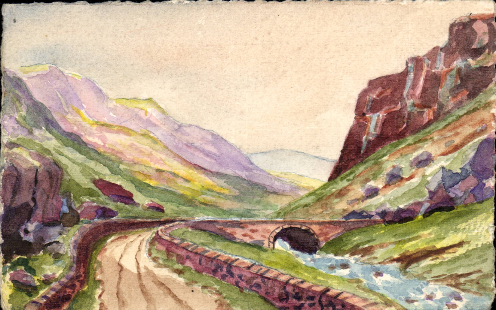 Mountain Landscape with Bridge — Watercolor — CPAPHIL