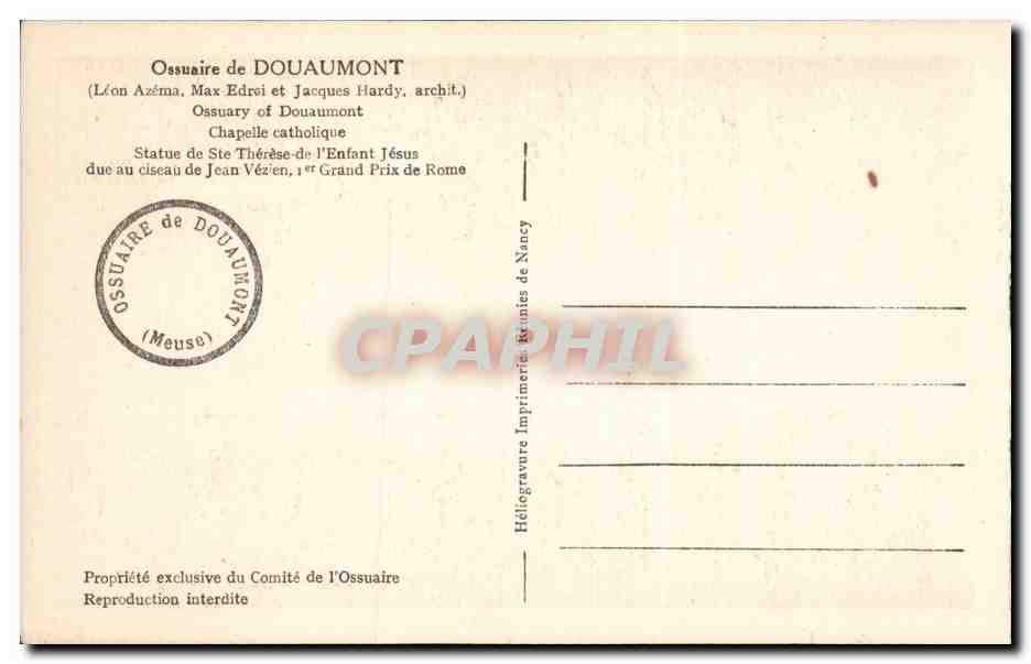 Statue de Sainte Thérèse de l'Enfant Jésus — Ossuaire de Douaumont — Imprimerie Réunies de Nancy — Verso