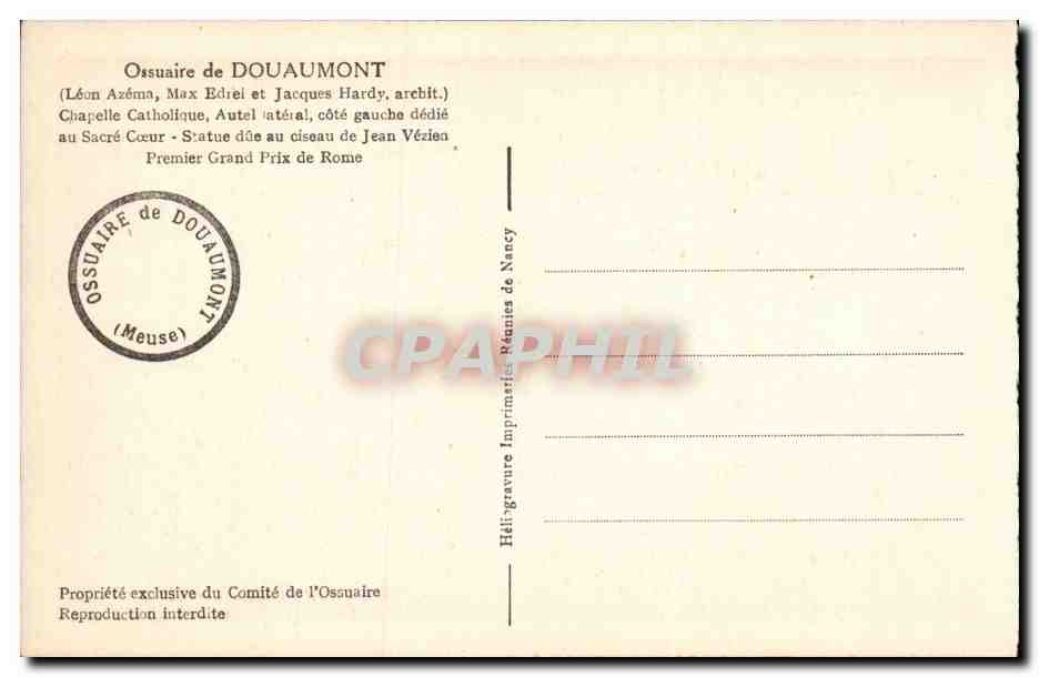 Ossuaire de Douaumont — Chapelle Catholique, autel latéral côté gauche — Héliogravure exclusive du Comité de l'Ossuaire — Rückseite