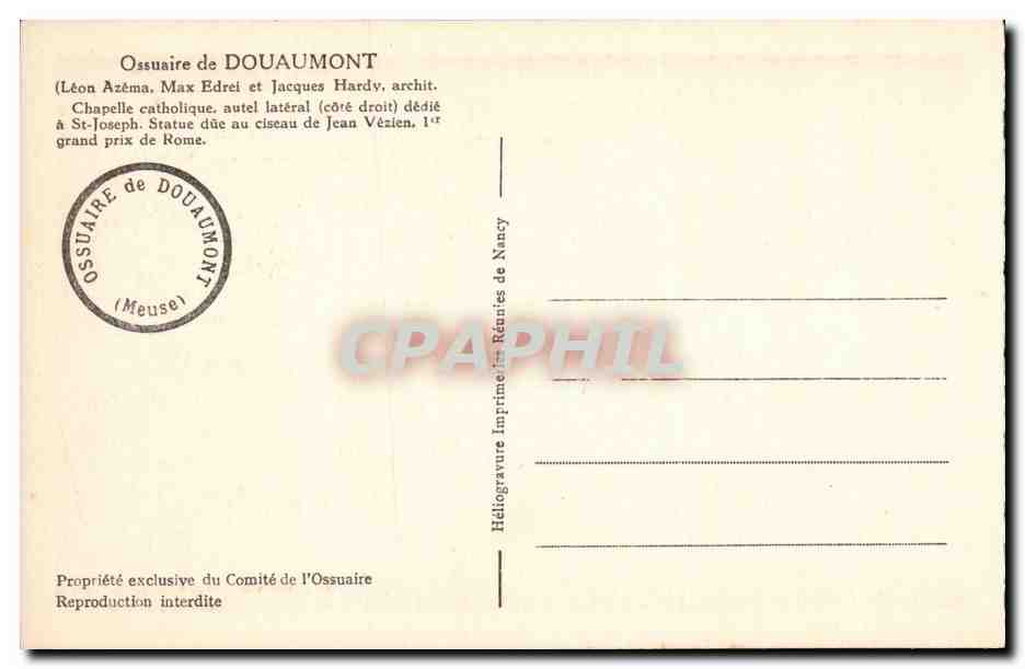 Ossuaire de Douaumont — Chapelle catholique, autel latéral (côté droit) dédié à Saint-Joseph. Statue due au ciseau de Jean Vézien, 1er grand prix de Rome. — Verso