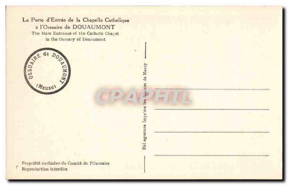 Entrée de la Tour — Ossuaire de Douaumont — Imprimerie des Réunies de Nancy — Reverso