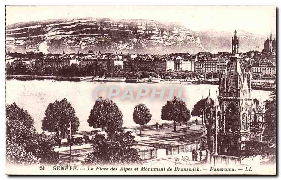 Suisse Geneve CPA La place des Alpes et monument de Brunswick Panorama