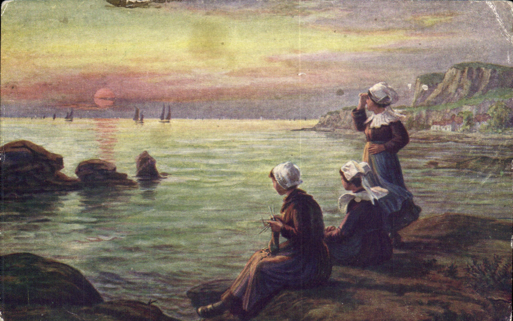 Trois femmes au bord de la mer — coucher de soleil — A. Renault, pinxit