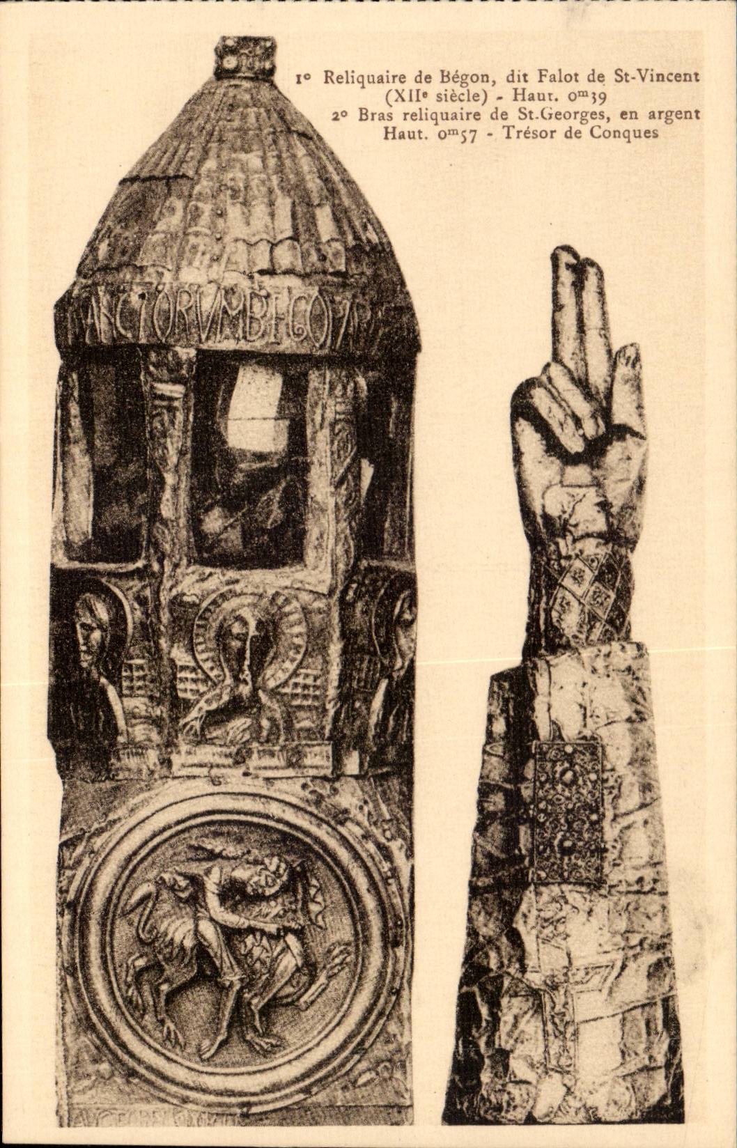 CPA 1er reliquaire de Begon dit Falot de St Vincent Bras reliquaire de St Georges en argent Tresor de Conques