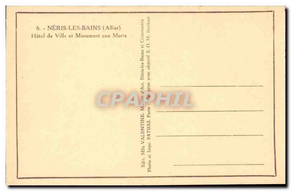 Neris les Bains - Hotel de Ville et Monument aux Morts - CPA  — Rückseite