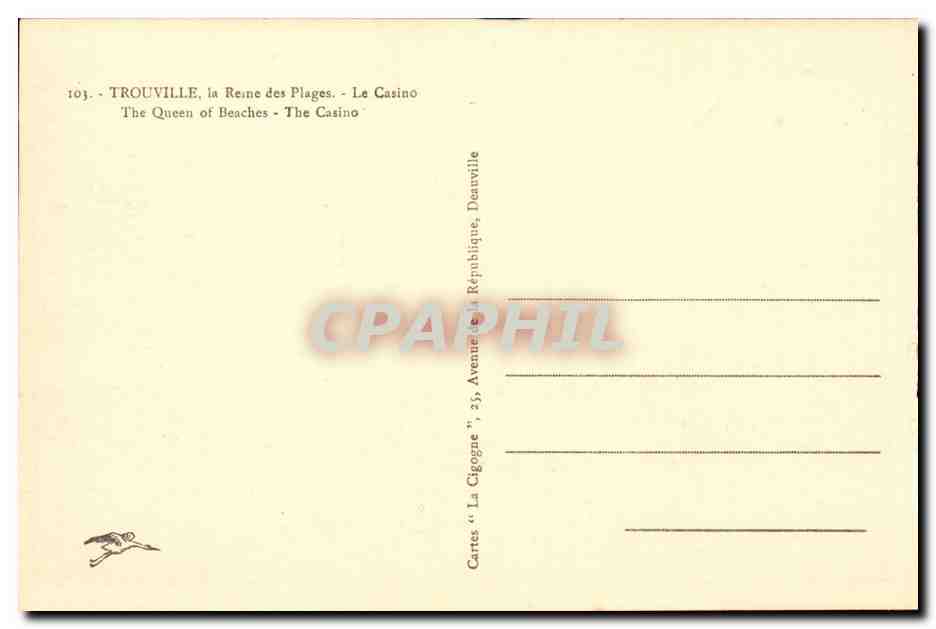 Trouville, la Reine des Plages - Le Casino — Cartes 'La Cigogne', 23, Avenue de la République, Deauville — Verso