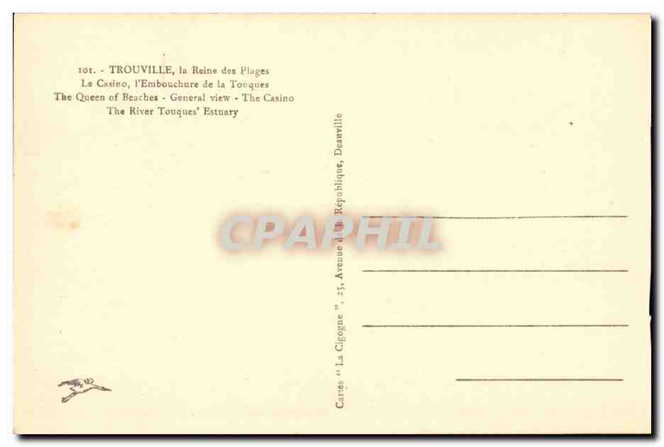 TROUVILLE, la Reine des Plages — Le Casino, l'Embouchure de la Touques — Éditeur : Cartes "La Gigogne", 25 Avenue de la République, Deauville — Verso