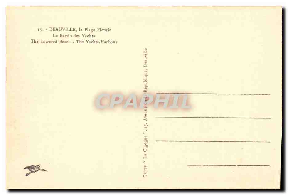Deauville, le Bassin des Yachts — La Plage Fleurie — Cartes 'La Cigogne', n°17 — Verso