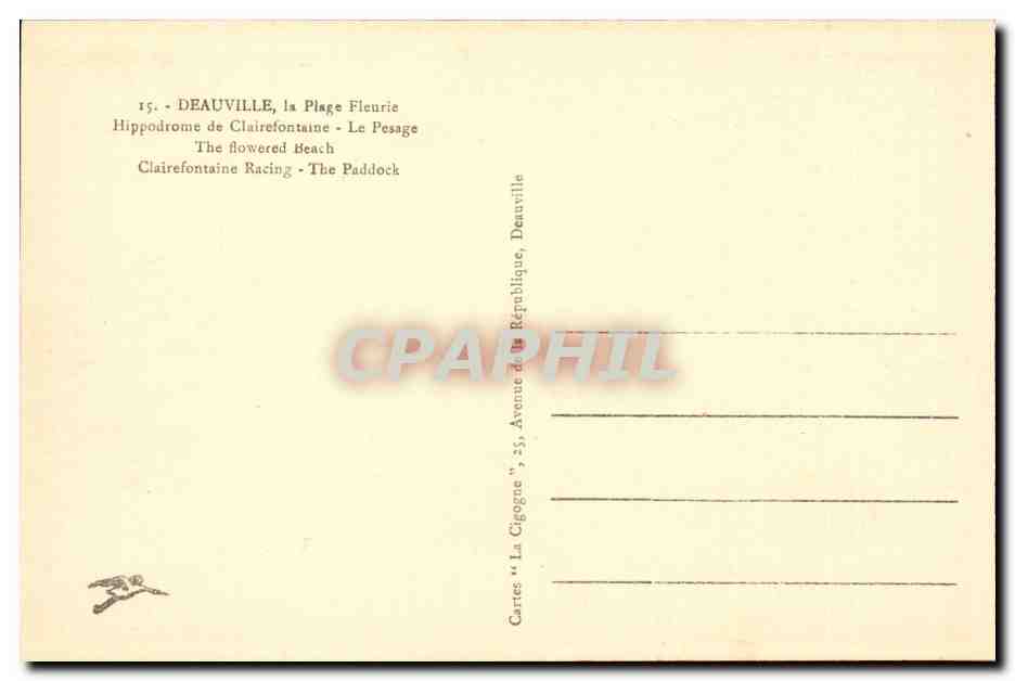 Deauville, la Plage Fleurie — Hippodrome de Clairefontaine — Cartes 'La Cigogne', Deauville — Reverso