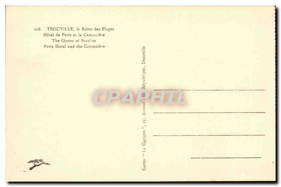 Trouville - La Reine des Plages - Hotel de Paris et le Cancaniere CPA  — Verso