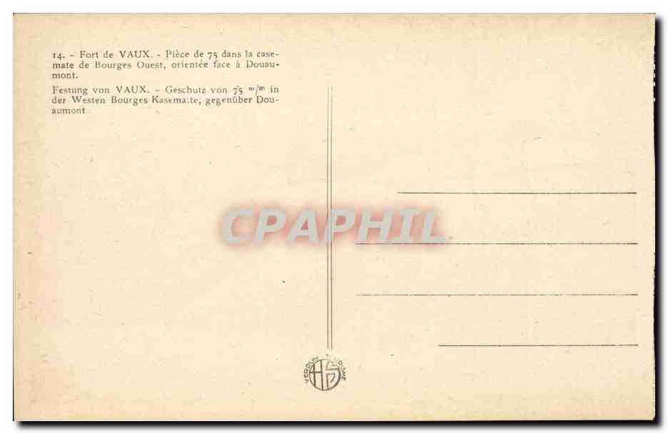 Fort de Vaux — Pièce de 75 dans la casemate de Bourges Ouest — éditeur Hermès & Cie — Verso