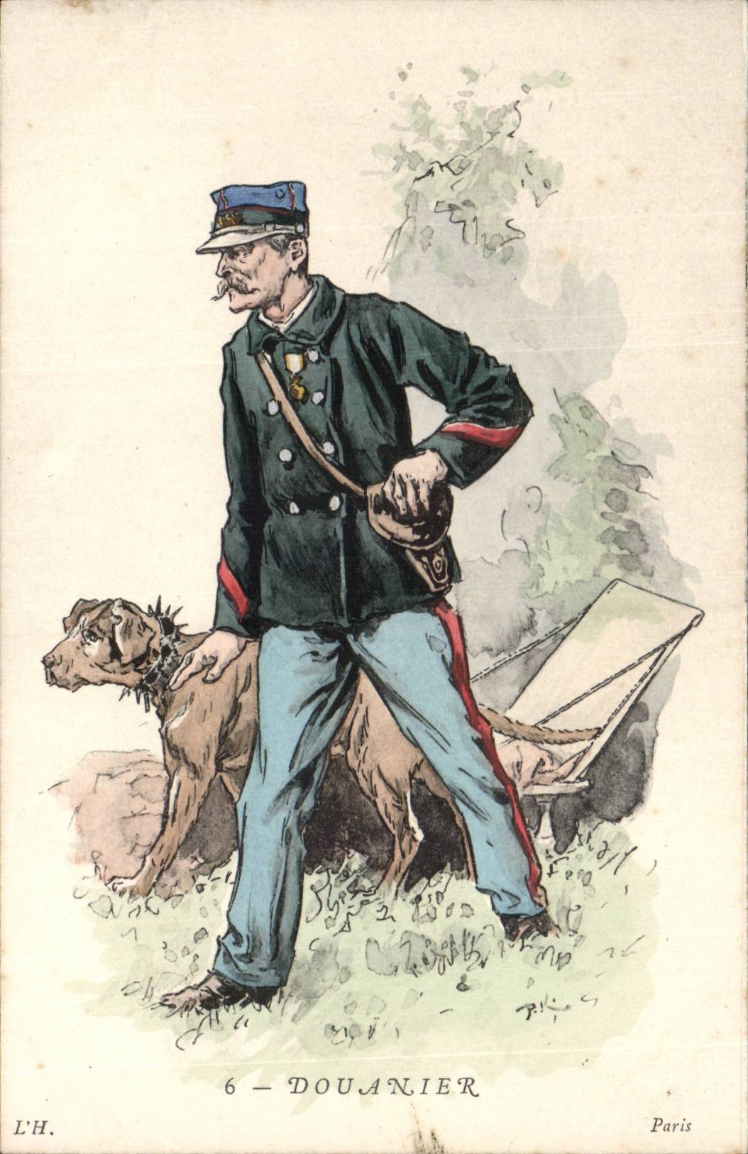 CPA Illustrateur Uniforme Douanier (metier chein dog)