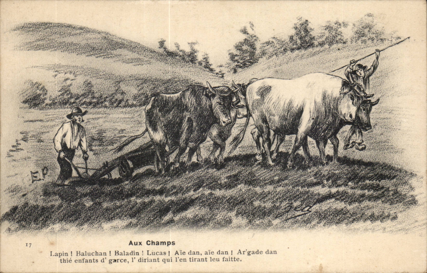 CPA Illustrateur Aux champs Attelage Boeufs Paysans Folklore