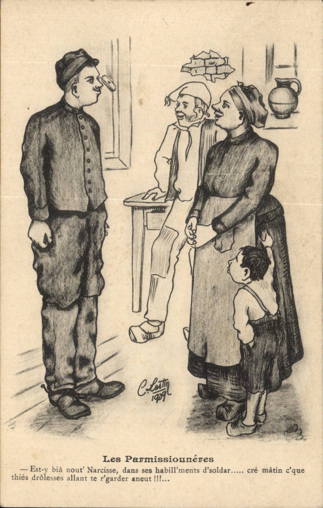 Les Parmissionnérés — caricature de soldats en permission — C. Lestin, 1909