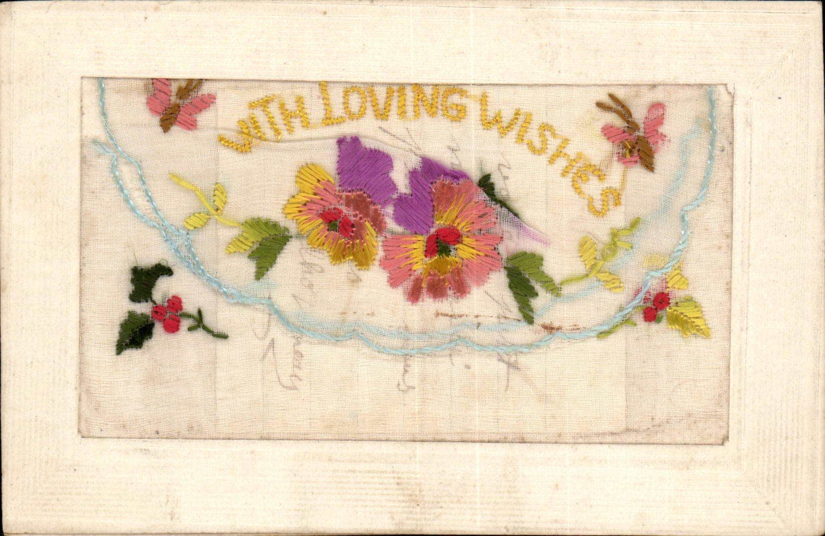 Fantaisie Fleurs - With loving wishes - actual lace upon card - embroidered lace - CPA (avec voile en tissu)