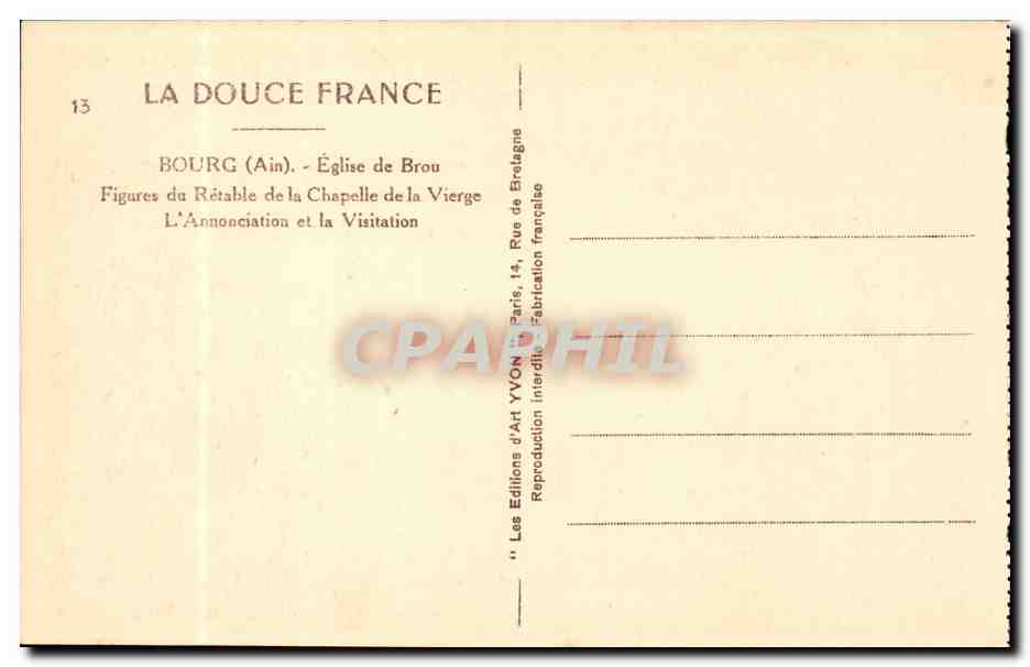 Bourg (Ain) — Église de Brou — Figures du Rétable de la Chapelle de la Vierge : L'Annonciation et la Visitation — Éditions d'Art YVON, Paris — Reverso