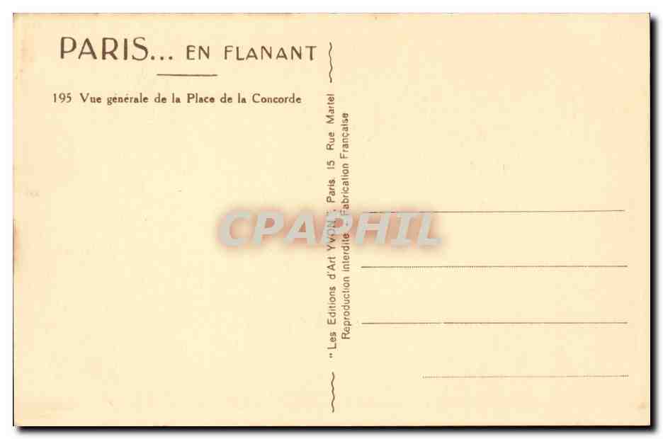 Paris 8 - en flanant - Vue Generale de la Place de la Concorde CPA  — Verso