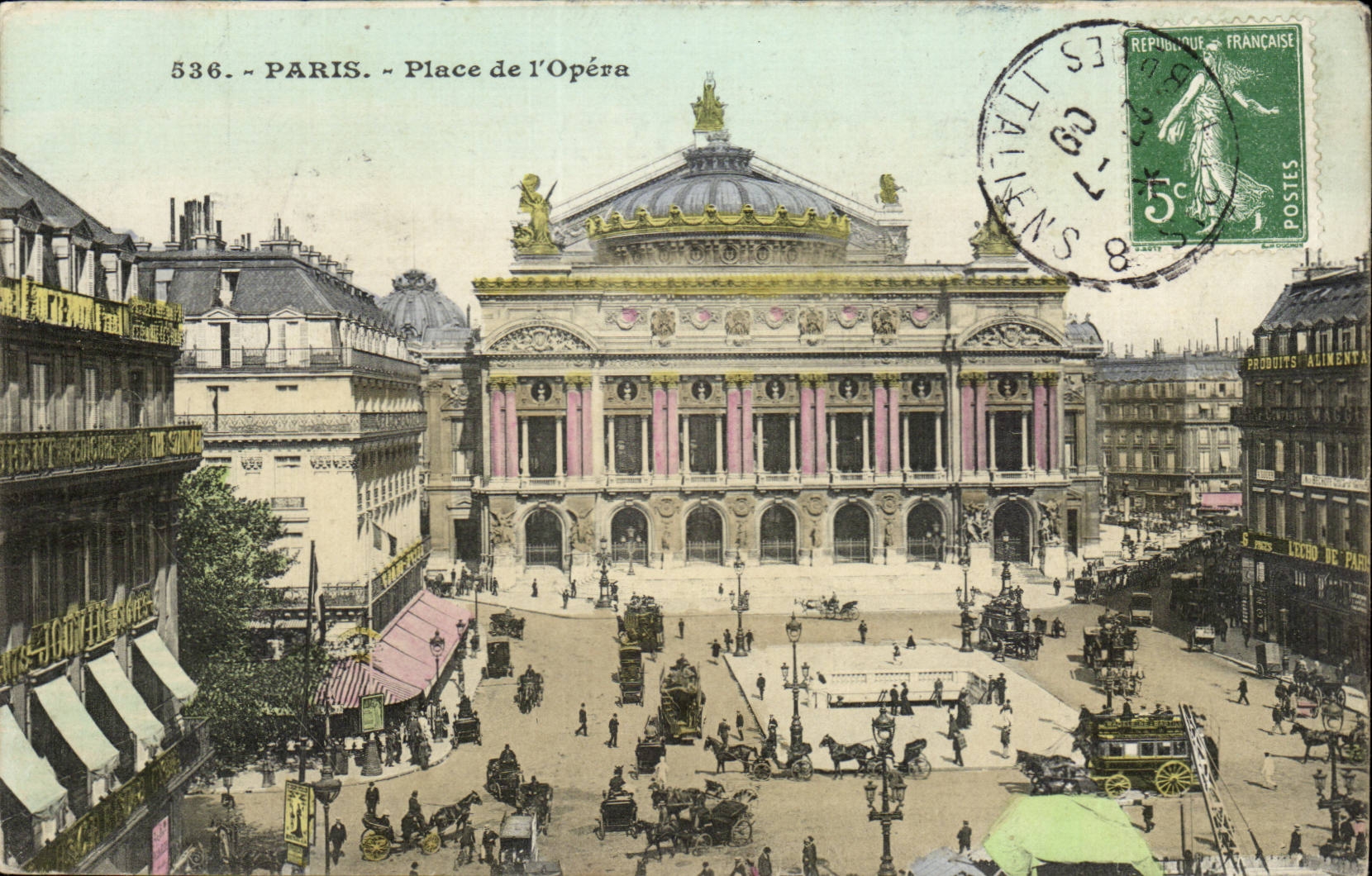 Paris 8 - Place de l'Opera - cheval - Horse drawn carriage - bustling city scene - CPA 