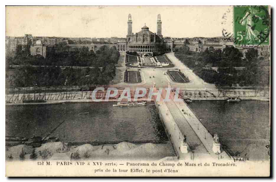 Paris 16 - Panorama du Champs de Mars et Palais du Trocadero pris de la Tour Eiffel - le pont d'Iena - CPA 
