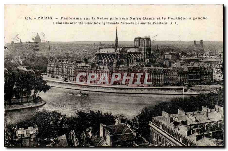 Paris 4 - Le Panorama sur la Seine pris vers Notre Dame et le Pantheon a gauche CPA 