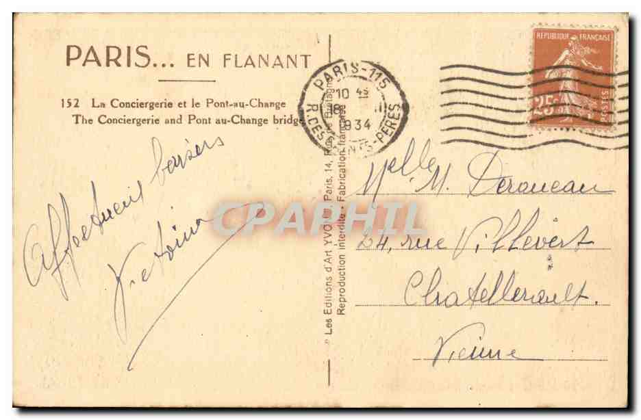Paris 1 - La Nuit - la conciergerie et le Pont au Change CPA  — Rückseite