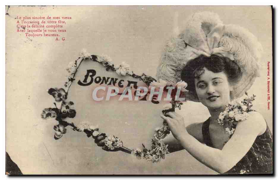 Femme en chapeau à plumes — Bonne fête — Éditeur A. Buisson, Nîmes