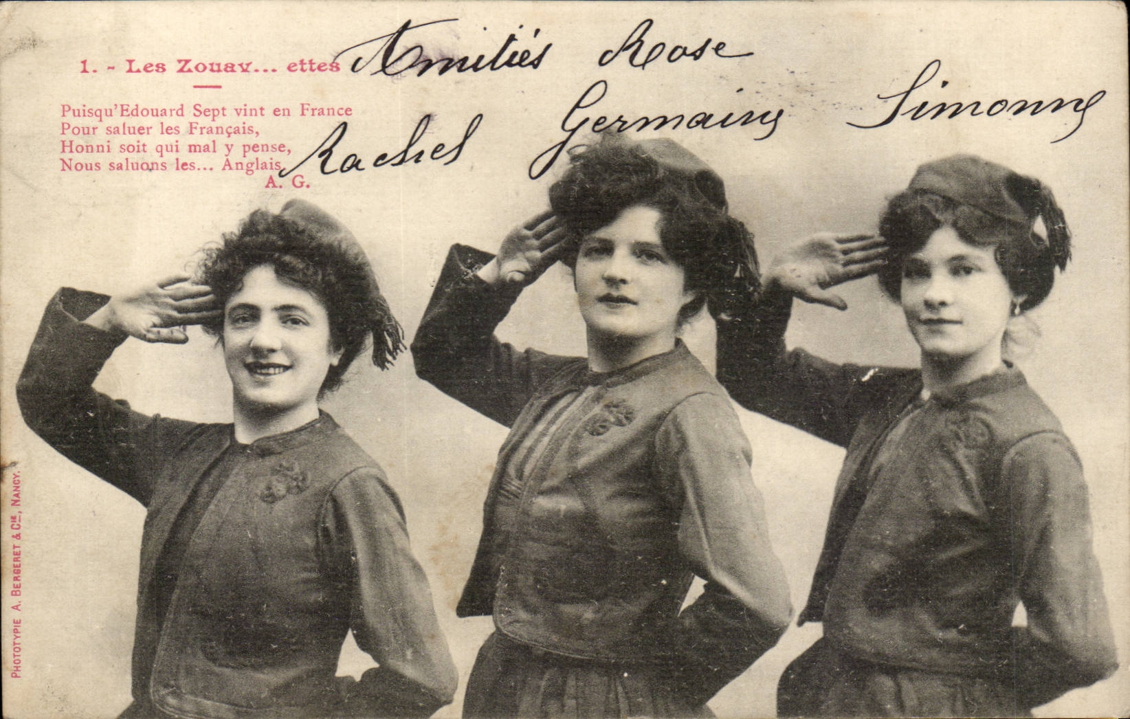 Les Zouay...ettes — Trois jeunes femmes saluant — Phototype A. Bergeot & Cie, Nancy