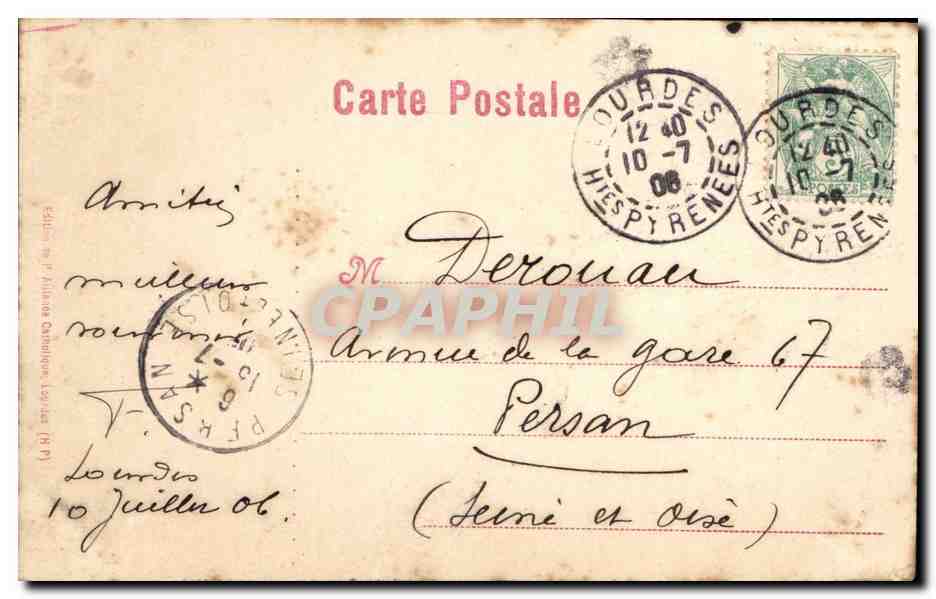 Lourdes - la Grotte et la Basilique de Notre Dame de Lourdes - CPA  — Verso