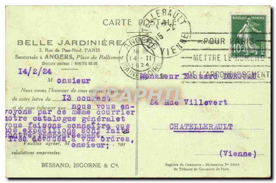 Angers - Belle Jardiniere -Place du Ralliement CPA  — Rückseite