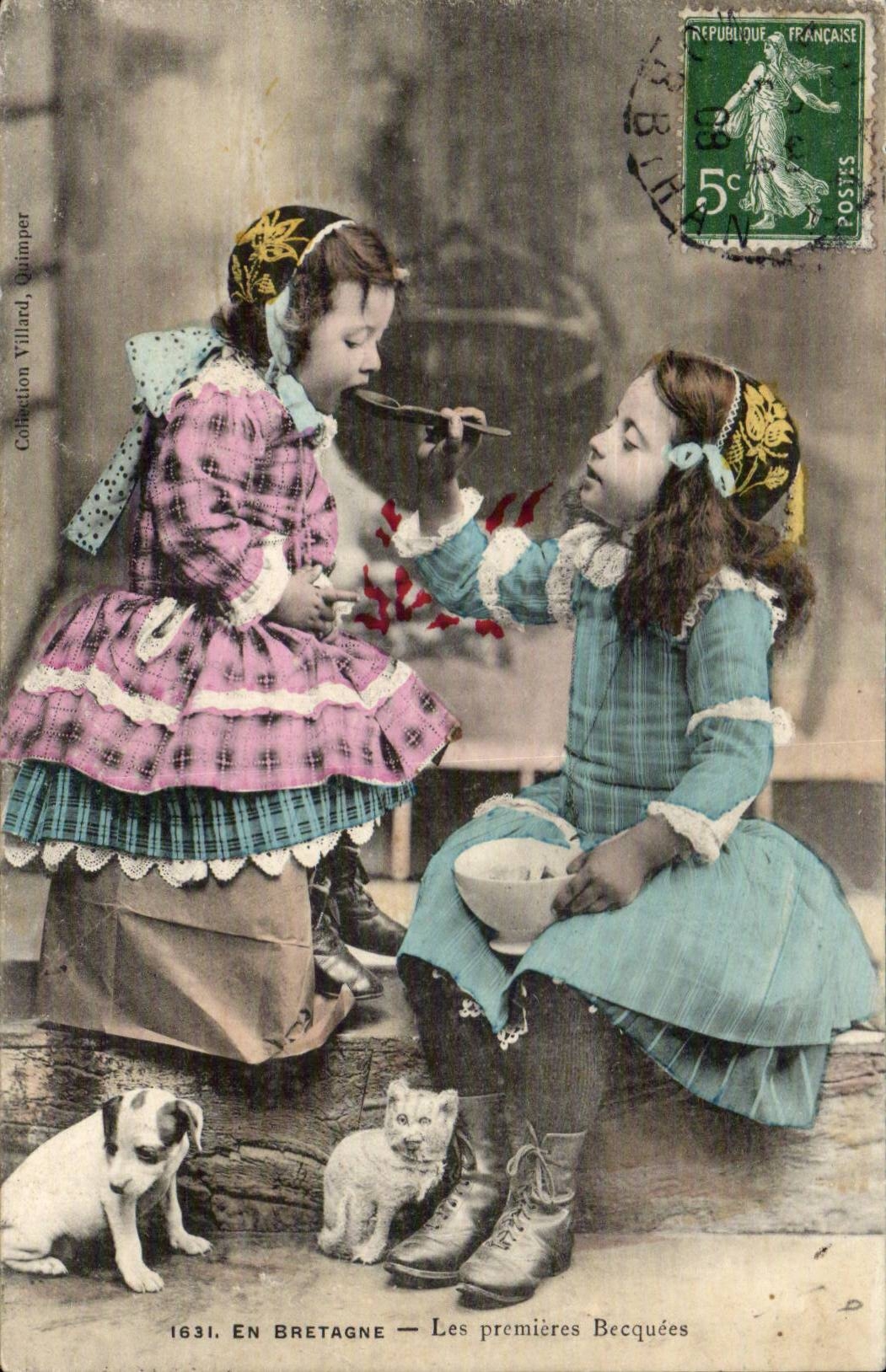 Fantaisie - Enfants - Les Premiers Becquees - Chien - Chat - Chaton - En Bretagne - CPA 