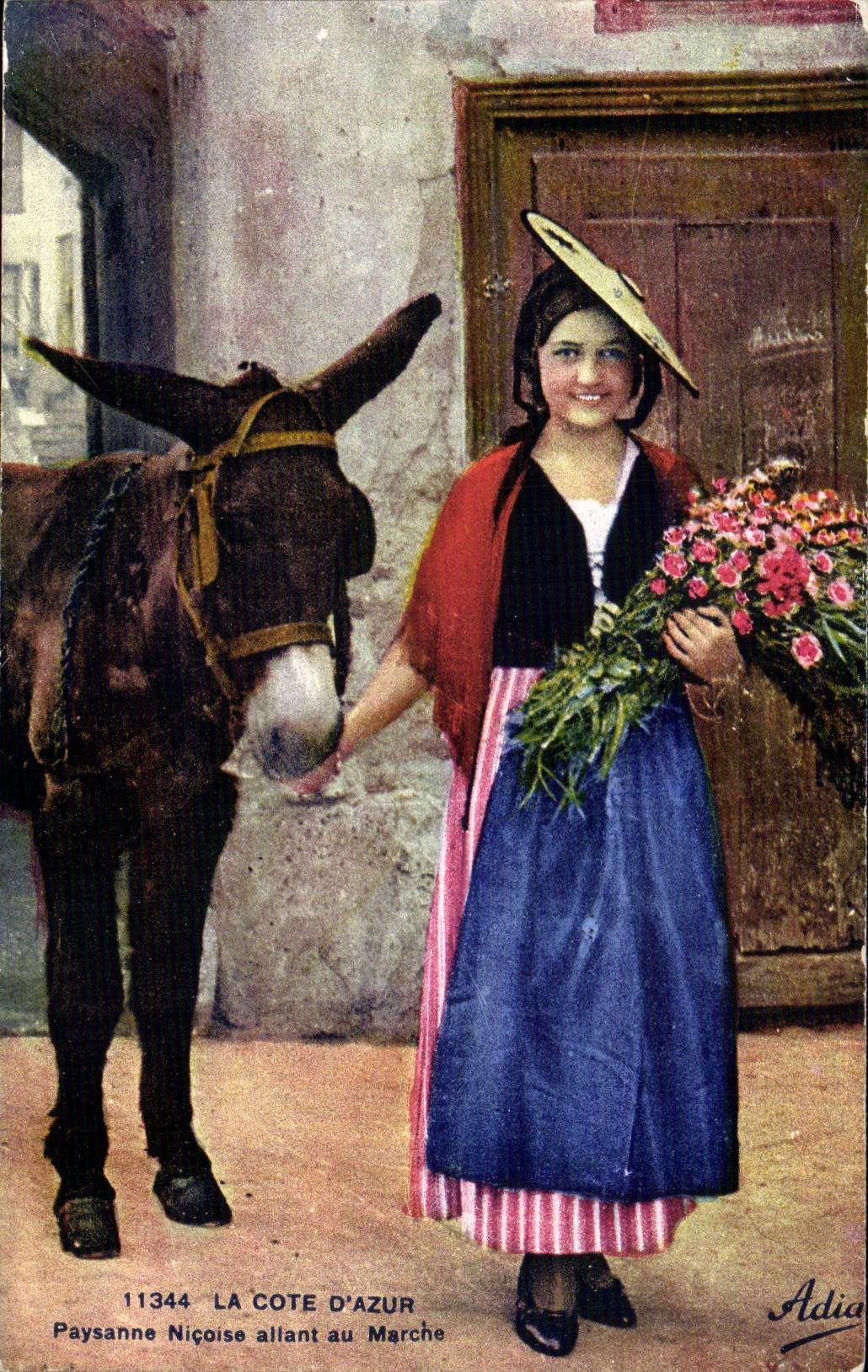 Folklore - Costume - Cote d'Azur - Jeanne Nicoise allant au Marche - ane - donkey - CPA 