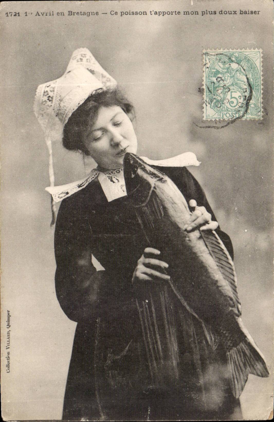 Folklore - Costumes - 1 Avril en Bretagne - ce poisson t'apporte mon plus doux baiser - CPA 