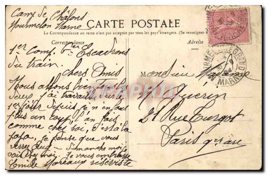 Camp de Chalons - Quartier de 6 Escadrons du Train - Le Pausage - CPA  — Back