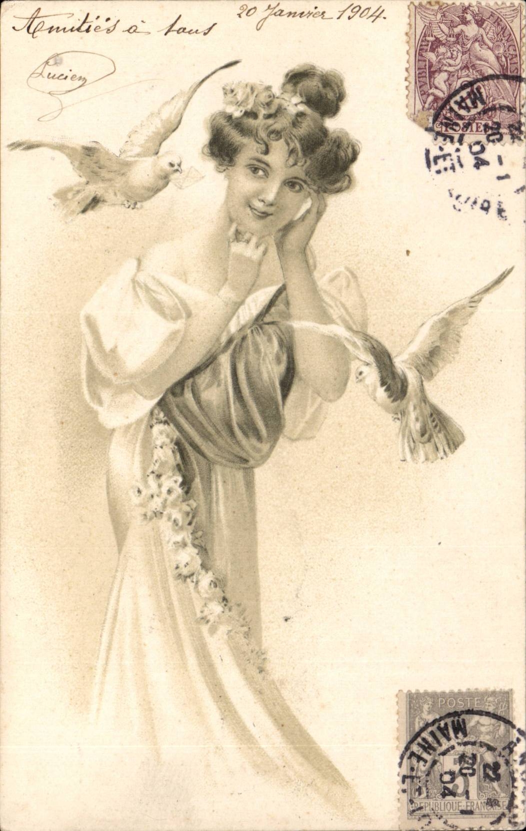 Femme avec colombes — Amitiés à tous — Lucien, éditeur B. K. W. I. 550-1