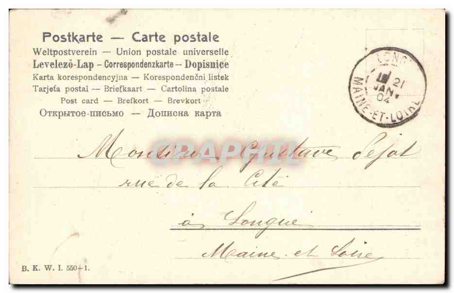 Femme avec colombes — Amitiés à tous — Lucien, éditeur B. K. W. I. 550-1 — Reverso