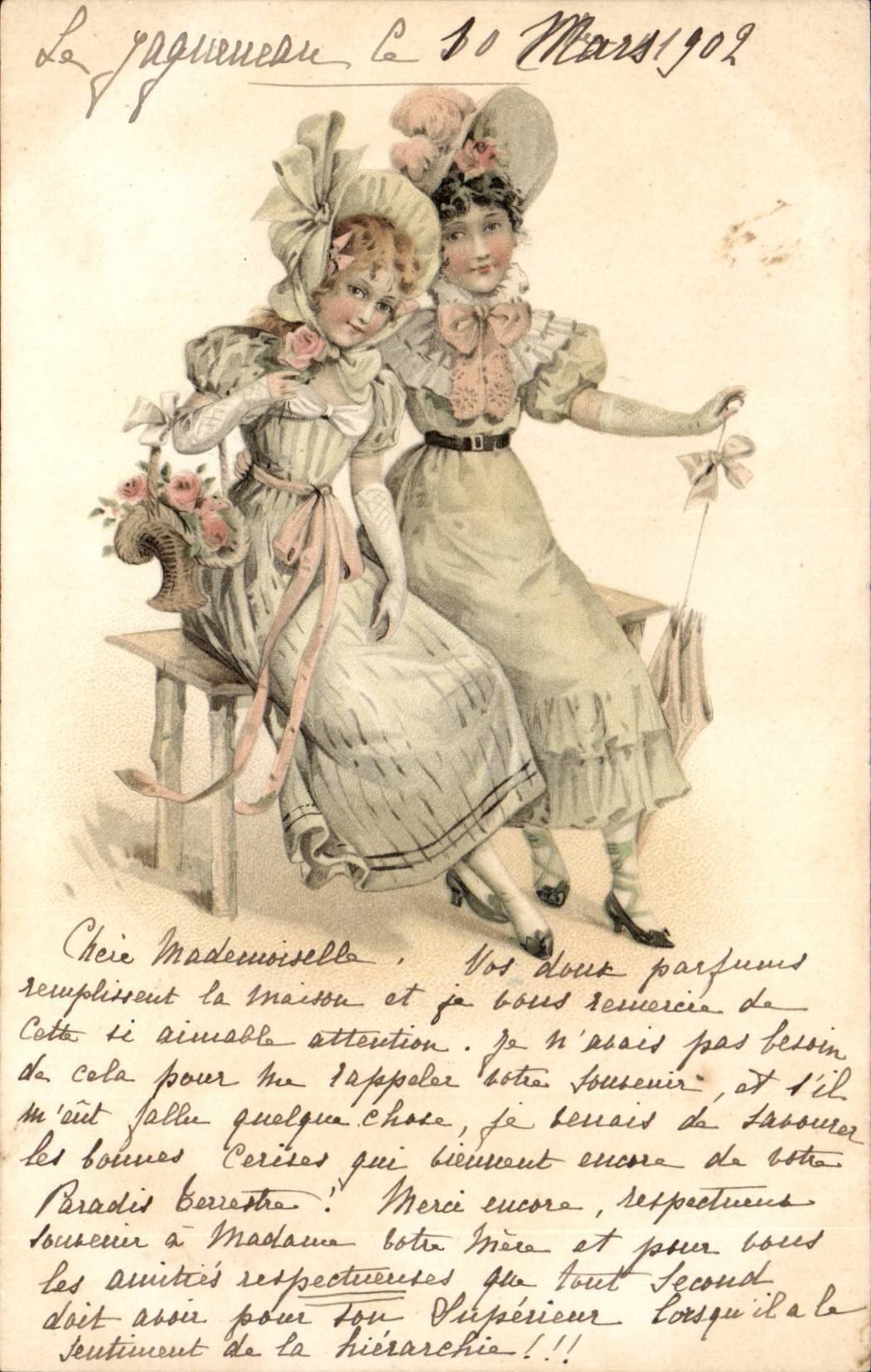 Deux jeunes femmes en tenue d'époque — La Jagneuene, 30 Mars 1902 — éditeur non visible
