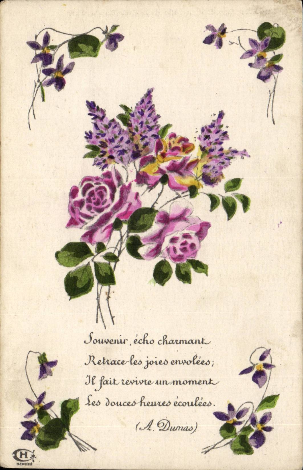 Fleurs - Joli bouquet - Flowers - roses and lilac CPA 