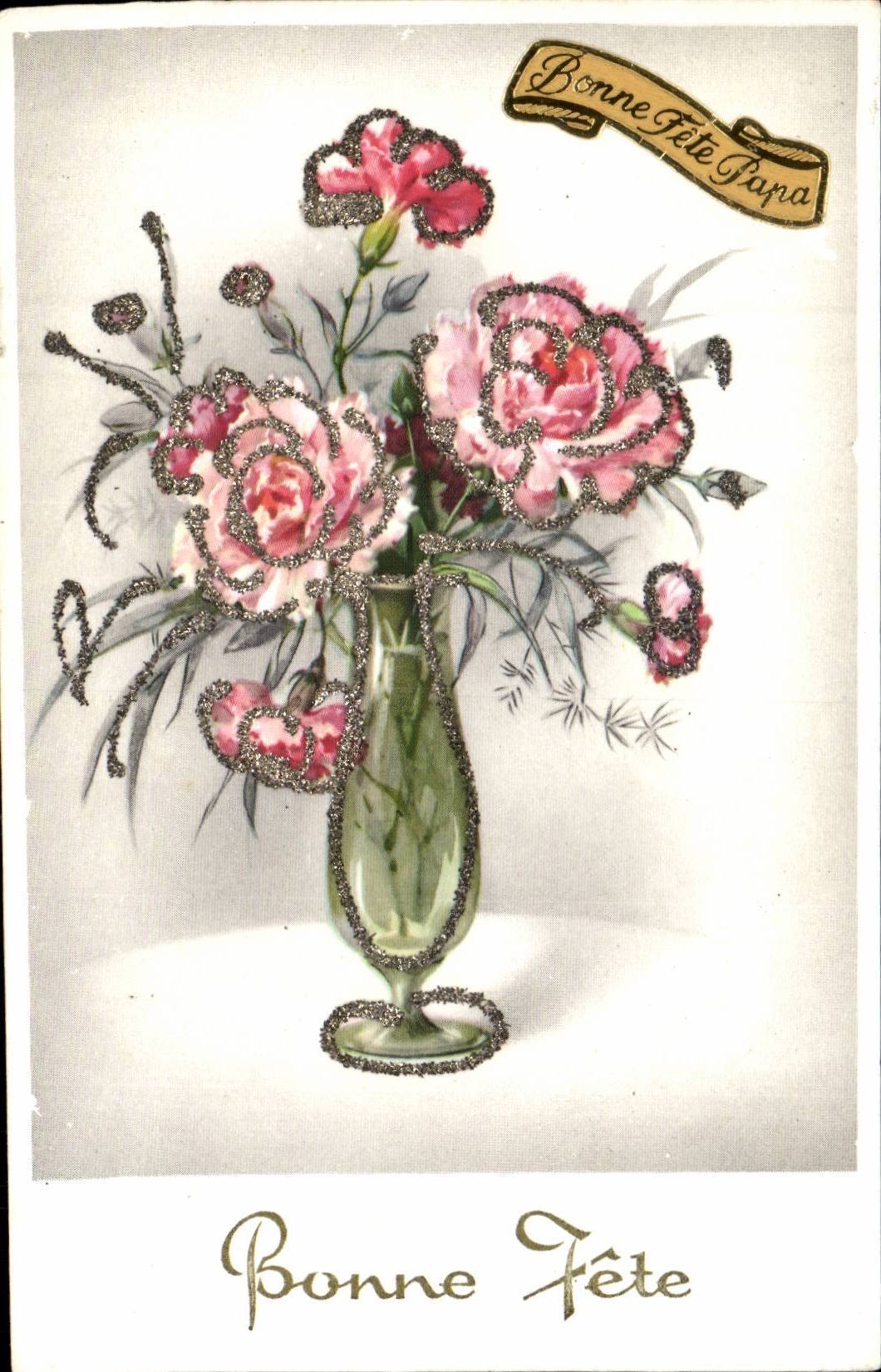 Fleurs - Flowers - Bonne Fete Vase of flowers with glitter - CPA 