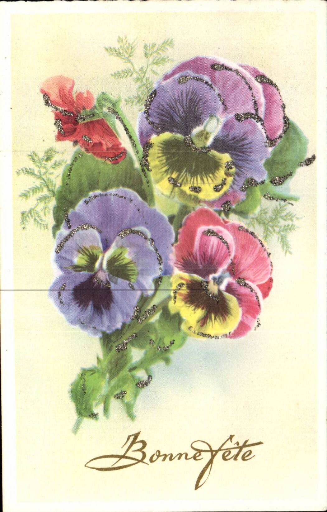 Fleurs - Flowers - les pensees - pansies with glitter edges - CPA 