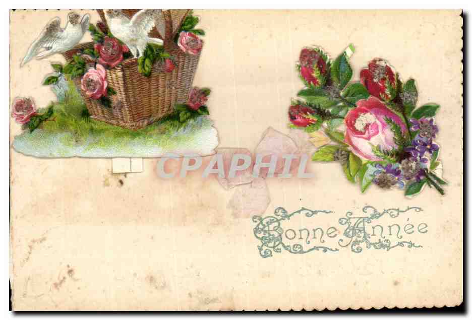 Bouquet de roses et colombes — Bonne Année — carte de vœux