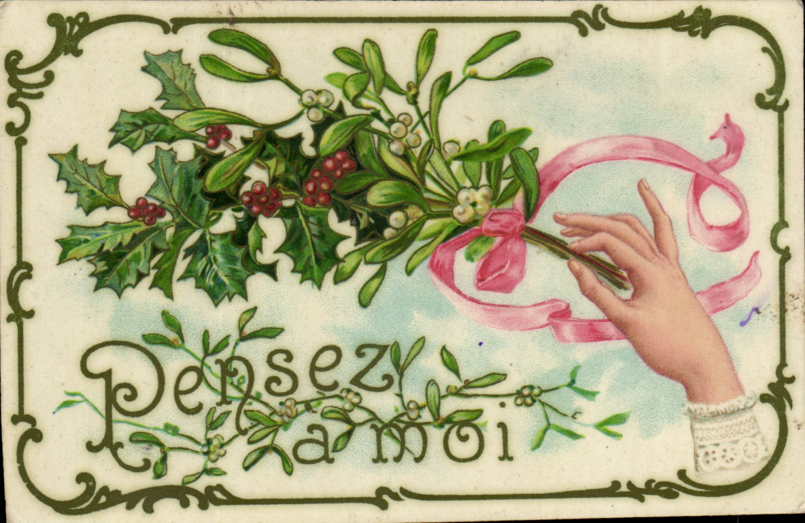 Fleurs - Flowers - houx - holly - pensee a moi - CPA 