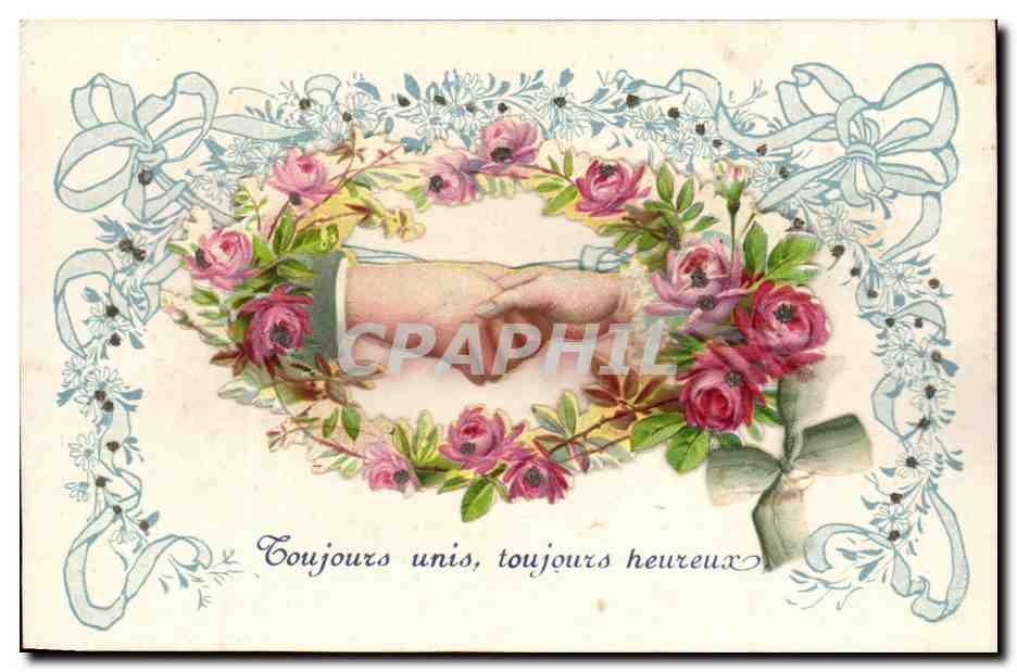 Due mani che si stringono — cornice di rose e nastri — testo: Sempre uniti, sempre felici