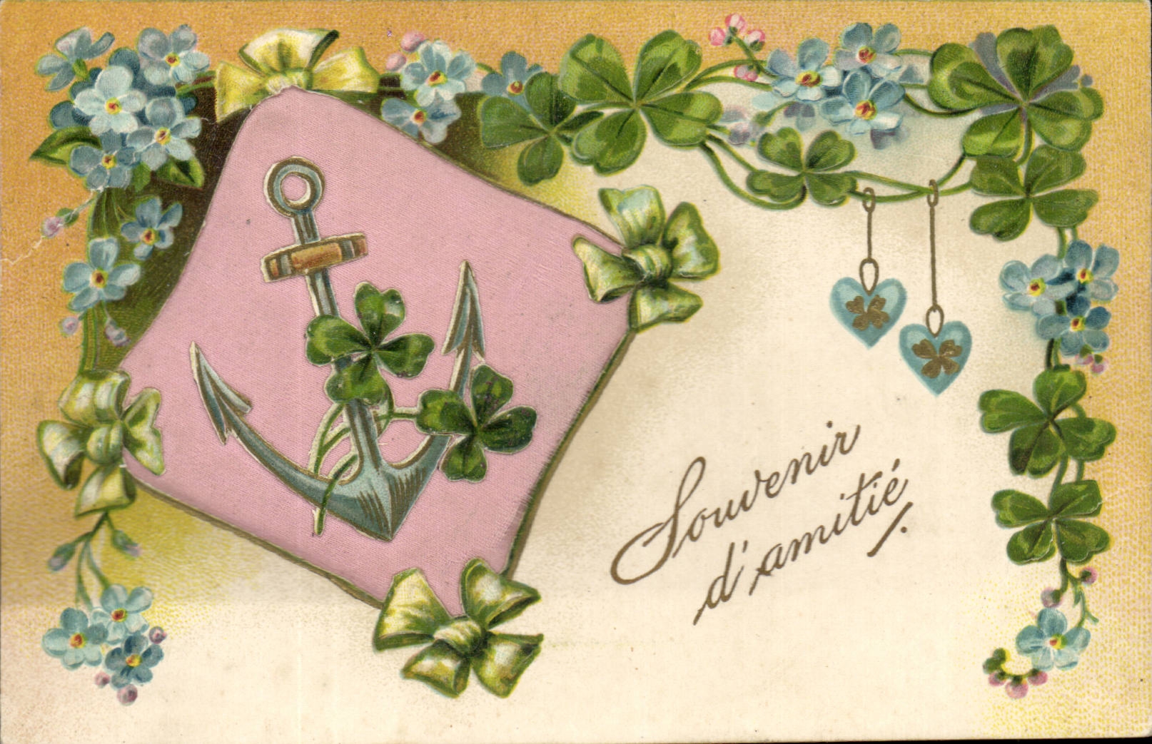 Flores - Flowers - Recuerdo de Amistad - trébol - cuatro hojas - ancla - Tarjeta postal antigua