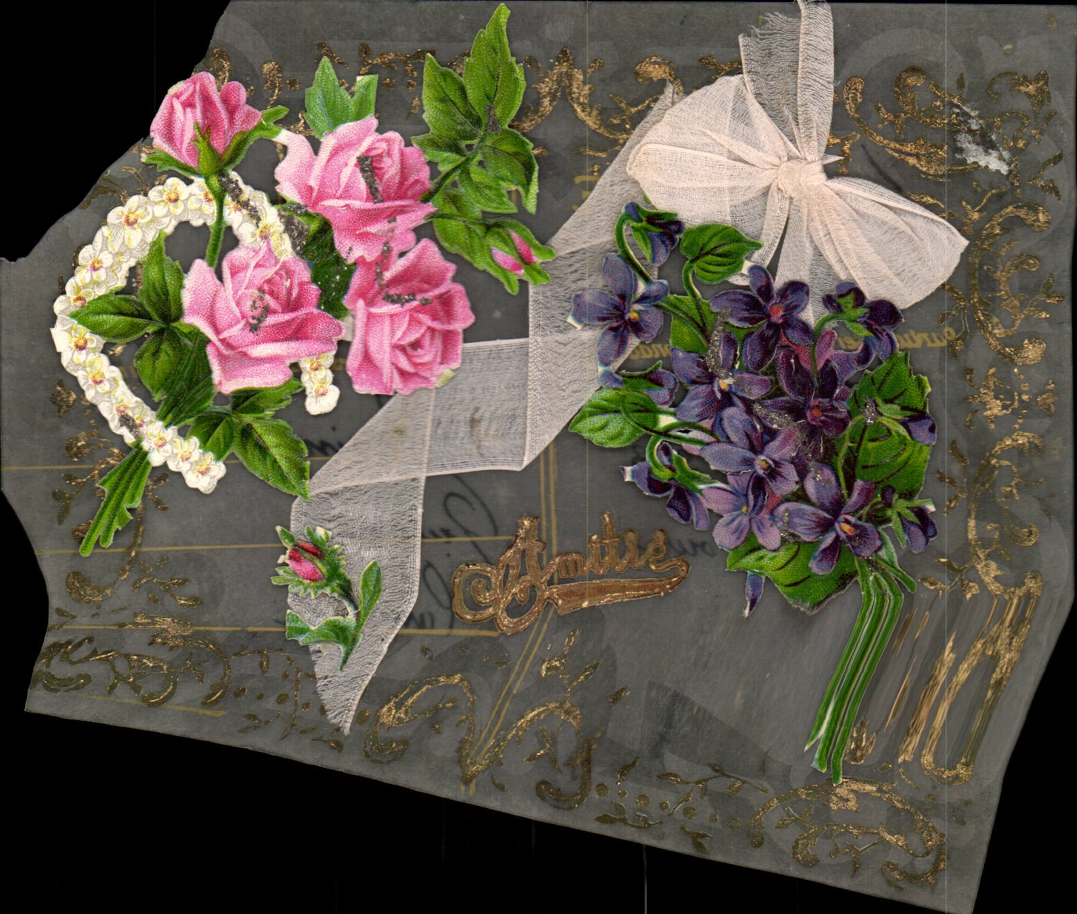Fleurs - Flowers - Amities - glittered writing - CPA 